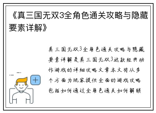 《真三国无双3全角色通关攻略与隐藏要素详解》