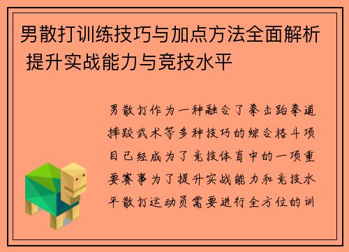 男散打训练技巧与加点方法全面解析 提升实战能力与竞技水平